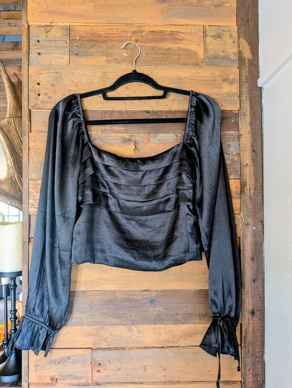 ✨5 For $25 Audrey Parks Black Square-Neck Puff Sleeve Crop Top Medium